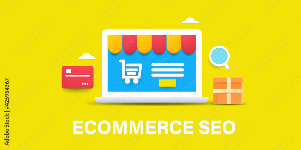 Wall mural 3d style concept of ecommerce seo. search engine optimization for online shopping website and ecomme