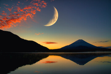 富士山と月合成