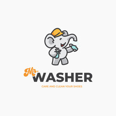 Elephant mascot cartoon washing a shoes logo vector character design