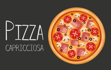 Pizza banner on a dark background. White lettering in chalk. Caprichoza vector illustration in cartoon style. Pizza with tomatoes, veggies and olives. Italian food

