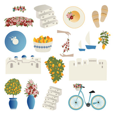 Clipart, set of vector illustrations summer travel concept. Abstract place, fruits, flowers and travel items. Travel Vector illustrations and design