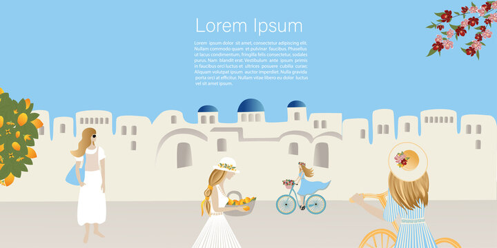Travel concept. Girls  tourists in the old town on the coast abstract place, village  in Santorini, Spain, Greece and Italy. Banner, template for a website with text. Travel Vector illustrations 