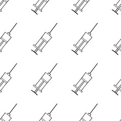 Obraz premium Vector seamless pattern with contour syringes. Hand drawn black outline doodle isolated. Medical background and texture. Equipment, vaccine to treat and protect against virus and vaccination