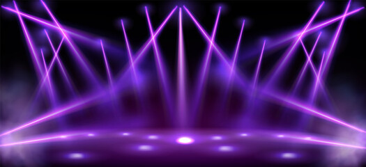 Stage lights, spotlight beams with smoke, glowing studio or theater scene lamp rays on black background. Purple illumination on floor and ceiling for concert or show presentation, Realistic 3d vector © klyaksun