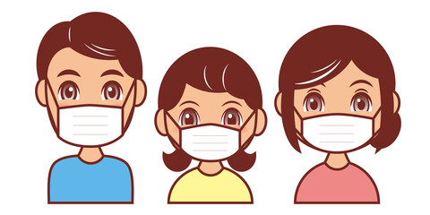 マスクをした3人家族（上半身・父、母、娘）