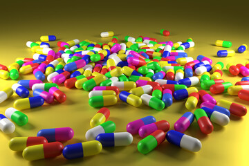 Fototapeta na wymiar A multitude of multi-colored gelatin capsules of medical supplies poured onto the table. 3D rendering. Capsules close-up on a yellow background.