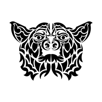 Black and white illustration of a dog in polynesia tattoo style. Vector