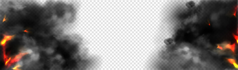 Realistic smoke with fire glow or sparks border. Burning flame, campfire, blaze effect frame, glowing red shining flare with black steam, 3d vector illustration isolated on transparent background