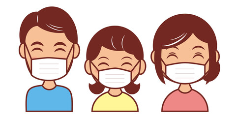 マスクをした笑顔の3人家族（上半身・父、母、娘）