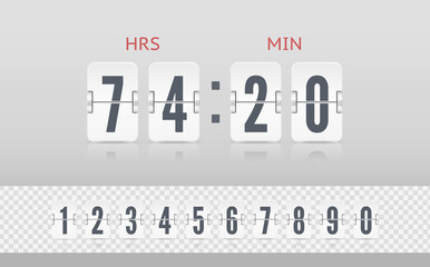 Vintage flip clock time counter vector template. Retro design score board clock template. White scoreboard countdown number font with reflections isolated on light background.