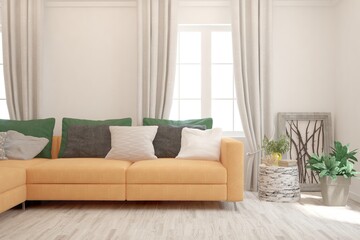 White living room with sofa. Scandinavian interior design. 3D illustration