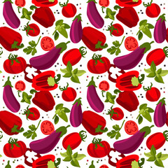 Organic vegetables pattern, tomatoes, pepper, eggplants, coriander leaves, basil and oregano.