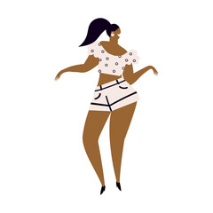 Vector hand drawn illustration of latino dark skin woman dancing merengue. Isolated on white background.