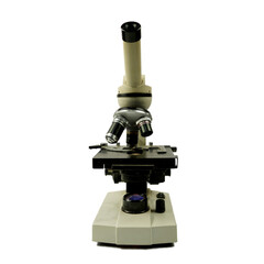Active microscope isolated on white background Research concept to find pathogens that bring scientific innovation to develop.