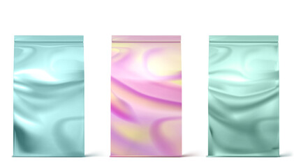 Holographic package, doy packs, pouch paper or foil bags front view. Hologram sachet with clip isolated on white background. Food or cosmetics product blank mock up. Realistic 3d vector illustration
