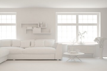 White minimalist living room with sofa. Scandinavian interior design. 3D illustration