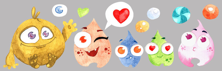 Watercolor set with funny monsters. Hand painted illustration for pattern, background, wallpaper, textures, decor or stickers.