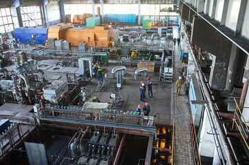 Pavlodar, Kazakhstan - 05.29.2015 : The main hall of turbine generators at the thermal power plant