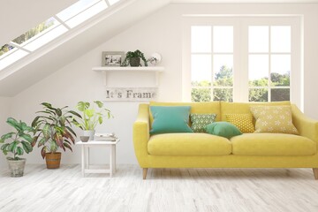White living room with sofa. Scandinavian interior design. 3D illustration
