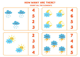 Counting game with cute kawaii clouds. Math worksheet.