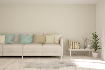 Soft color living room with sofa. Scandinavian interior design. 3D illustration