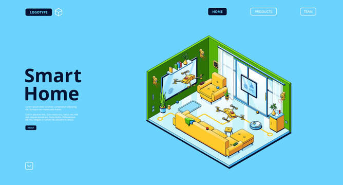 Smart home isometric landing page, internet of things concept. Room with iot appliances vacuum cleaner, video camera, temperature and security control, tv, quadcopter, 3d vector line art web banner