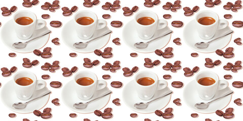 Seamless pattern of espresso coffee cup and coffee beans on a white background