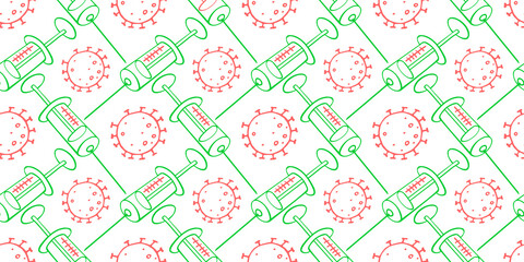 Vector seamless pattern on theme of vaccination. Contour molecules, coronavirus cells and a vaccine syringes. Medical background and texture in the Doodle style