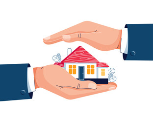 Fototapeta na wymiar Protect your home vector illustration. Businessman's hands are covering property. Real estate, housing, mortgage insurance, house protection, home safety security business service concept. Flat style