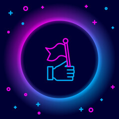 Glowing neon line Hand holding flag icon isolated on black background. Victory, winning and conquer adversity concept. Colorful outline concept. Vector