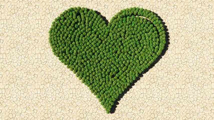 Concept or conceptual group of green forest tree on dry ground background as sign of heart. A 3d illustration metaphor for love, romance, valentine's day, happiness, wedding, health or care