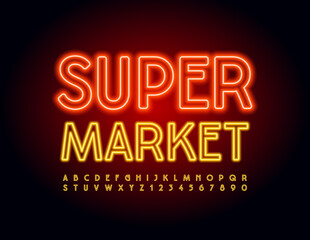 Fototapeta premium Vector Neon Banner Super Market. Yellow Glow Font. Electric Alphabet Letters and Numbers