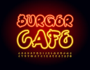 Vector creative emblem Burger Cafe. Glowing light Font. Artistic Alphabet Letters and Numbers set
