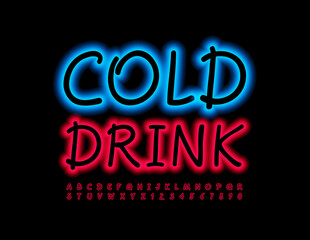 Vector bright banner Cold Drink. Handwritten creative Font. Red Neon Alphabet Letters and Numbers set