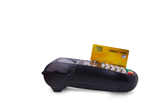 Credit card reader machine and blank credit card on white or isolated background, buy and sell products & service, copy space for text.