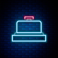 Glowing neon line Hotel service bell icon isolated on brick wall background. Reception bell. Colorful outline concept. Vector