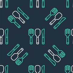 Line Fork, spoon and knife icon isolated seamless pattern on black background. Cooking utensil. Cutlery sign. Vector