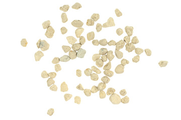 White pebbles isolated white background . Rock texture. clay pebbles