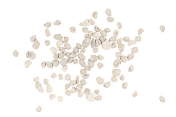 White pebbles isolated white background . Rock texture. clay pebbles