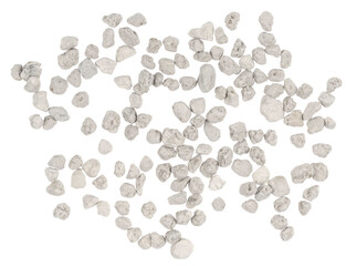 White pebbles isolated white background . Rock texture. clay pebbles