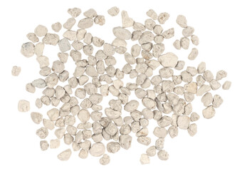 White pebbles isolated white background . Rock texture. clay pebbles