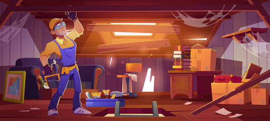 Worker repair old attic in house. Handyman with instruments fixing garret room with broken roof, walls and beams, construction works on messy mansard with hatch and window, cartoon vector illustration © klyaksun