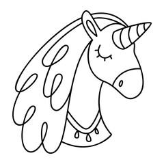 Unicorn head cute line art illustration isolated on white. Baby shower decor black clipart. Vector