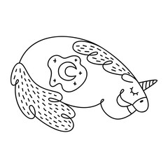 Unicorn sleep, cute black line art illustration isolated on white. Baby shower decor clipart. Vector