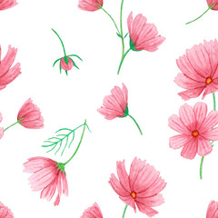 Watercolor seamless pattern with summer pink flowers on a white background, hand-drawn. For textile, greeting card, wrapping paper, wedding invitations.