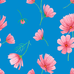 Watercolor seamless pattern with summer pink flowers on a blue background, hand-drawn. For textile, greeting card, wrapping paper, wedding invitations.