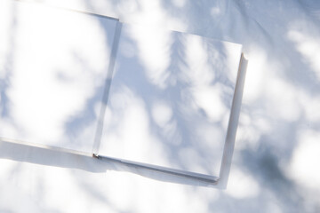 自然光と植物の影が差し込む、白のファブリックに置かれた本
