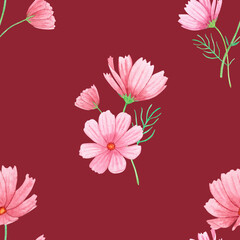 Fototapeta na wymiar Watercolor seamless pattern with summer pink flowers on a red background, hand-drawn. For textile, greeting card, wrapping paper, wedding invitations.