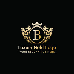 Luxury gold crown logo vector, Letter B icon