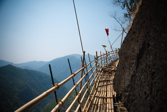 Bamboo trail trek in Meghalaya. Bamboo bridges built to traverse difficult terrain.
